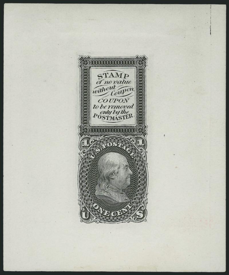 1c Black, Bowlsby Patent Coupon Die Essay on White Glazed Paper (63-E13b).> 64 x 77mm, detailed impression, small thin spots at top, appears Very Fine, ex Lake Shore