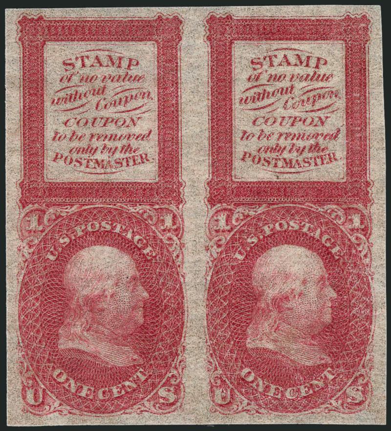 1c Red, Bowlsby Patent Coupon, Plate Essay on Pelure Paper, Gummed (63-E13c).> Horizontal pair, original gum, usual minor wrinkling, Very Fine, ex Lake Shore, Scott Retail as singles
