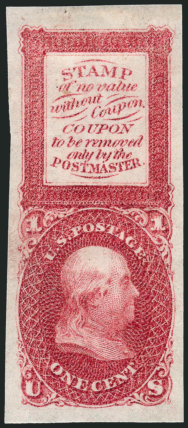 1c Bowlsby Patent Coupon, Plate Essays on White Paper (63-E13d, 63-E13e).> One of each, original gum, second h.r., bright colors, Very Fine and choice