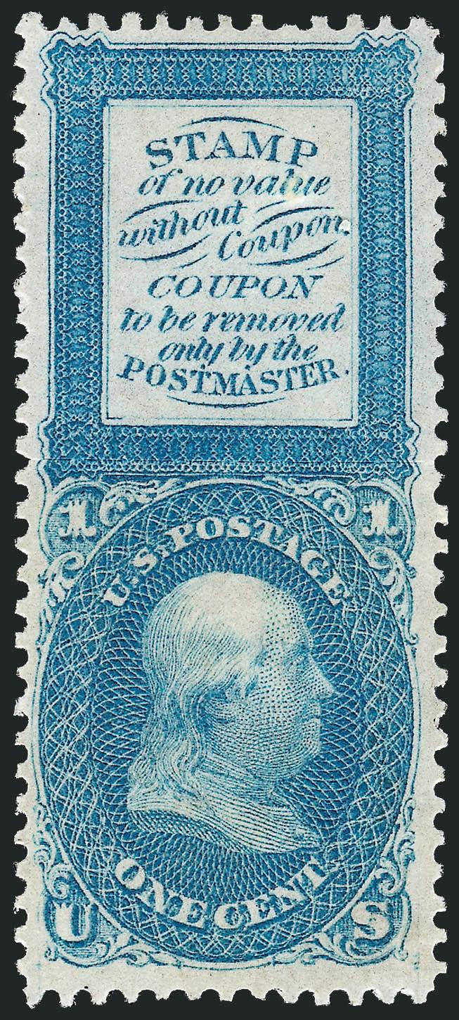 1c Bowlsby Patent Coupon, Plate Essays (63-E13f, 63-E13g, 63-E13h).> Two of each in each of the Scott-listed colors (Blue and Red), original gum, few trivial imperfections, Very Fine, desirable set of these
three essays