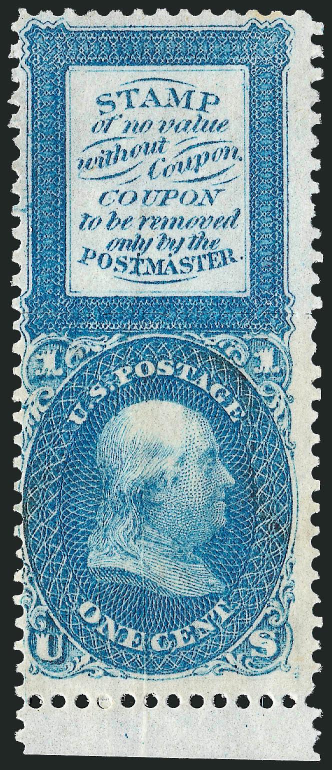 1c Bowlsby Patent Coupon, Plate Essay, Perforated All Around, Rouletted Between Stamp and Label (63-E13h).> Original gum, incl. <selvage at bottom,> light natural paper wrinkles, Fine, desirable with the
selvage