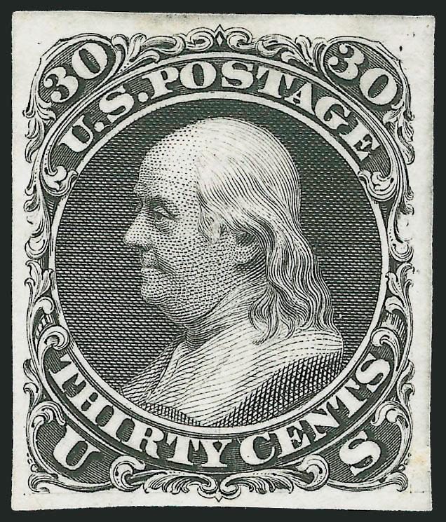 30c Black, First Design, Die Essay on India (71-E2a).> Stamp size, removed from card, intense impression, Fine, ex Lake Shore, Scott Retail as die sunk on card