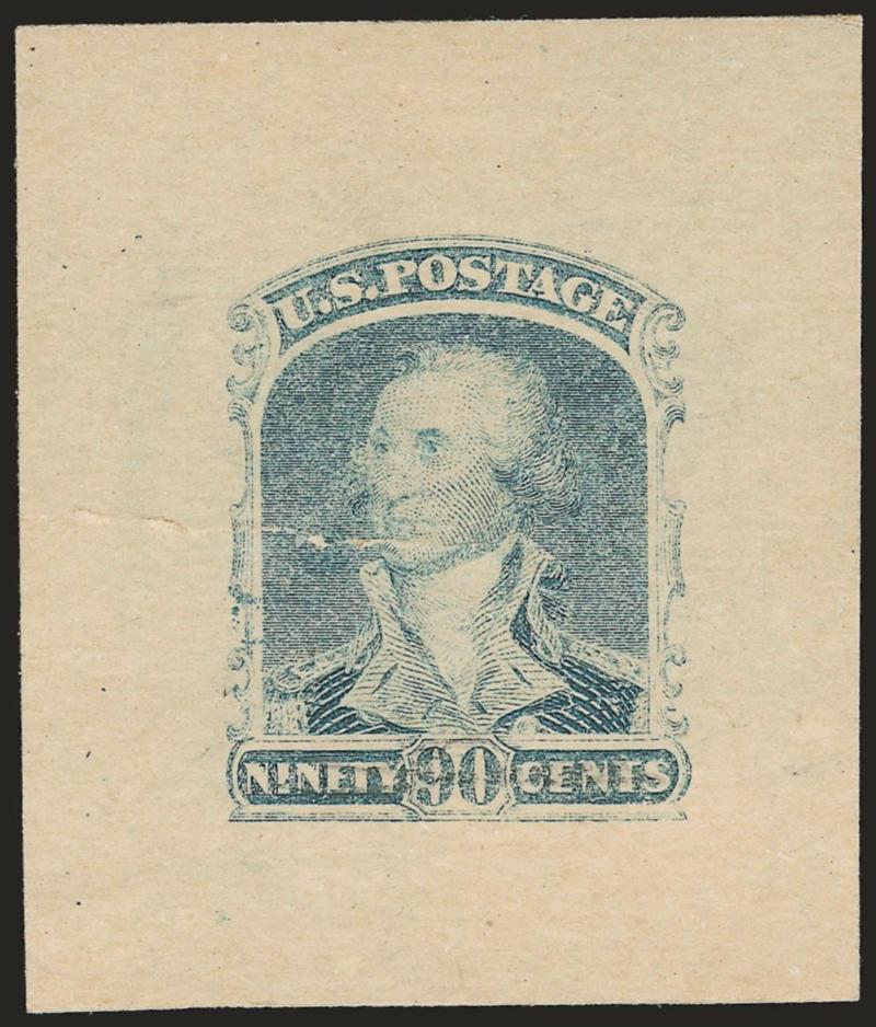 90c Blue, Die Essay on India (72-E5b).> On 35 x 41mm card, large tear at left, bottom of design with pencil X thru denomination (described on accompanying certificate as touched up at bottom), otherwise Fine,
scarce essay, ex Lake Shore, with 1990