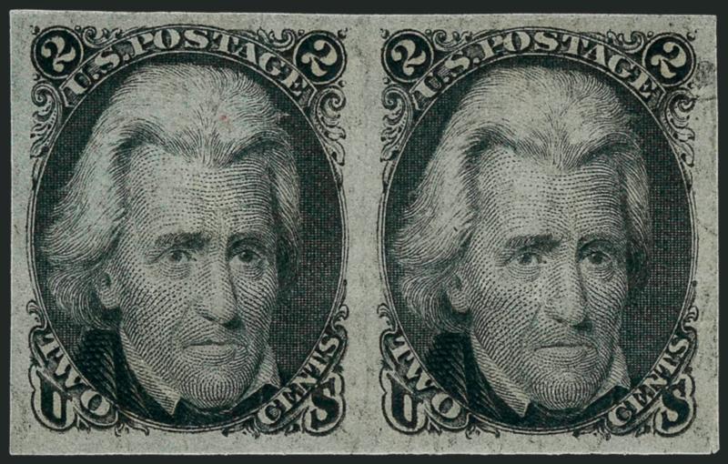 2c Black, Francis Patent Plate Essay (73-E).> Horizontal pair, original gum, large margins, slight greenish tint to the paper as to be expected (and desired), Extremely Fine pair of this desirable essay, with
1989 P.F. certificate
