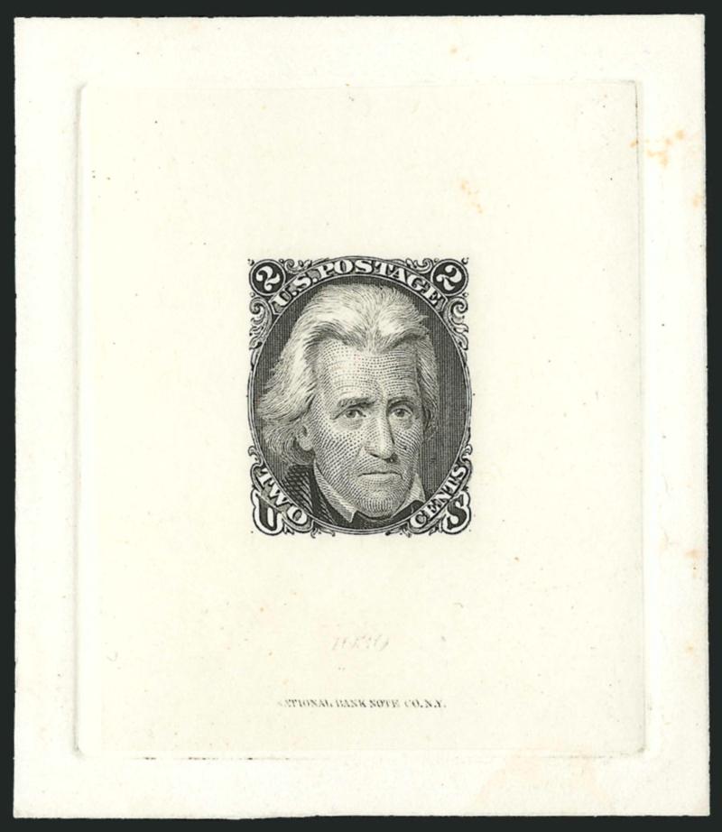 2c Black, Die II, Hybrid Large Die Proof (73P1a).> Stamp size on 50 x 60mm India with imprint and 1030 at bottom, die sunk on 63 x 72mm card with full die sinkage, Extremely Fine, this is more often seen as a
hybrid than not, Scott Retail as normal