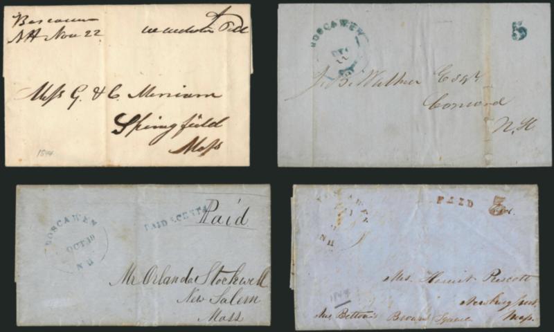 Boscawen N.H. Provisional Collateral.> Important and instructive group of four stampless covers whose markings bring together all the key elements of the unique 5c Provisional, including an 1848 cover with a
straightline ^PAID 5 CENTS^ in blue -- t