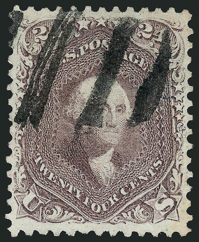 24c Red Lilac (70).> Pastel color, almost perfectly centered, bold strike of large grid cancel<><>^EXTREMELY FINE. A SUPERB USED EXAMPLE OF THE 24-CENT 1861 ISSUE IN THE RED LILAC SHADE. SCARCE WITH SUCH CHOICE
CENTERING.^<><>With 1996 P.F. certi