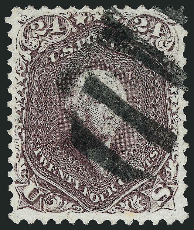 24c Red Lilac (70).> Brilliant color on crisp paper, choice centering, bold strike of unusual wide-bar grid cancel, Very Fine, with 1989 P.F. certificate