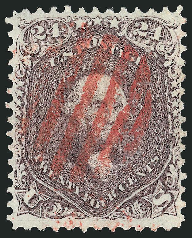 24c Red Lilac (70).> Deep rich color nicely complemented by <red grid> cancel, well-balanced margins, Very Fine