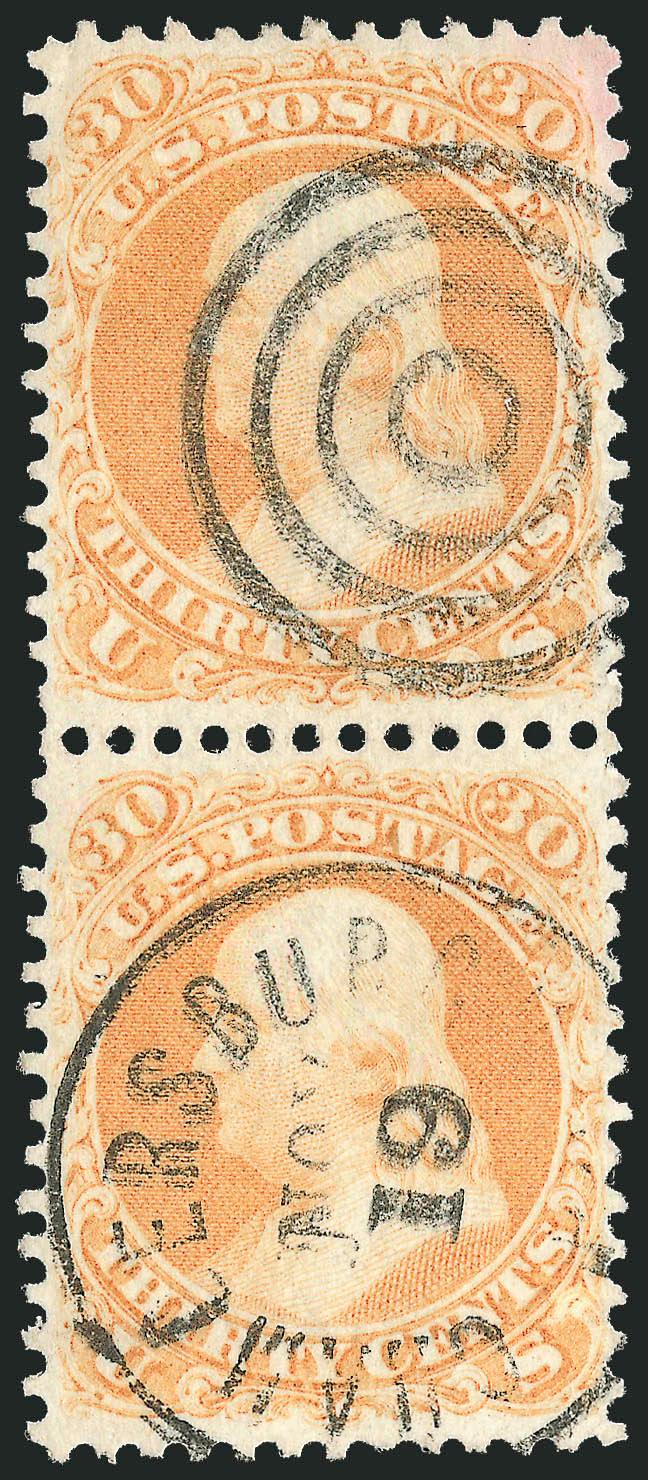 30c Orange (71).> Vertical pair, radiant color, neat strike of target and circular datestamp cancels, top stamp light horizontal crease at bottom, appears Very Fine, ex Knapp, with 2007 P.F. certificate