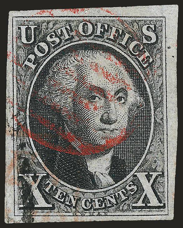 10c Black (2).> Position 4L1, large to huge margins, bright shade, light strike of red grid cancel , also trace of <red boxed Colonies & Art> handstamp and also <black French due marking,> Very Fine and choice,
this 10c 1847 was used on a cover to