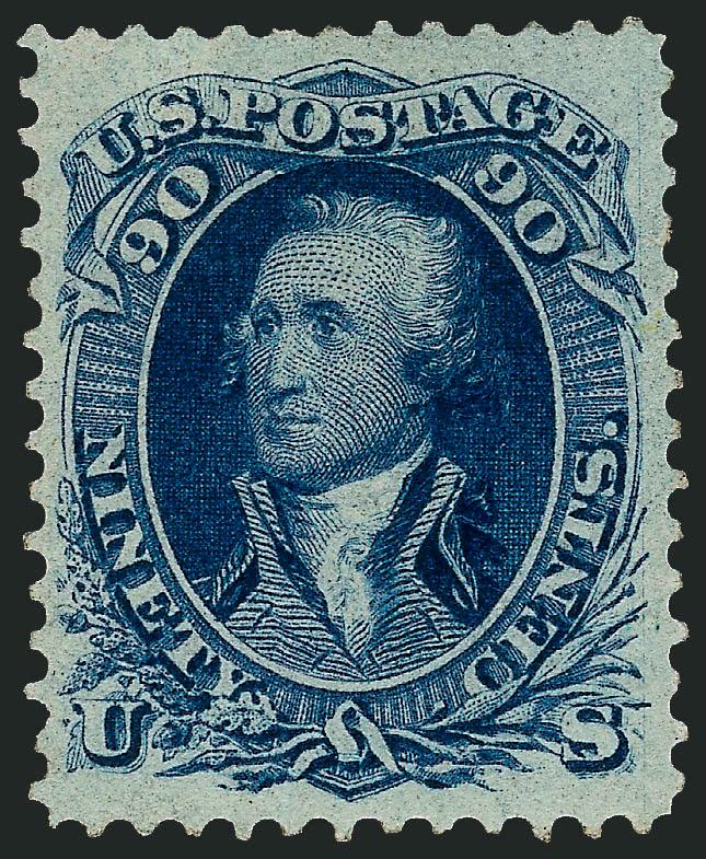 90c Blue (72).> Unused (traces of original gum), deep rich color and proof-like impression<><>^VERY FINE AND CHOICE EXAMPLE OF THE 90-CENT 1861 ISSUE.^<><>With 1991 and 2004 P.F. certificates. Scott Retail as
with gum $3,500.00. Scott Retail as n