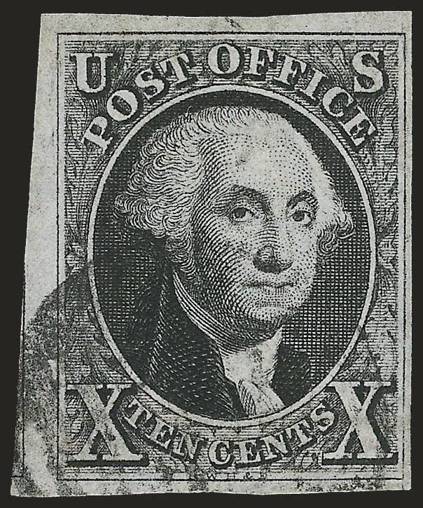 10c Black (2).> Three full to large margins incl. trace of adjoining stamp at bottom left, ample at right, intense color on bright white paper, <black> grid cancel, Very Fine, with 1974 P.F. certificate