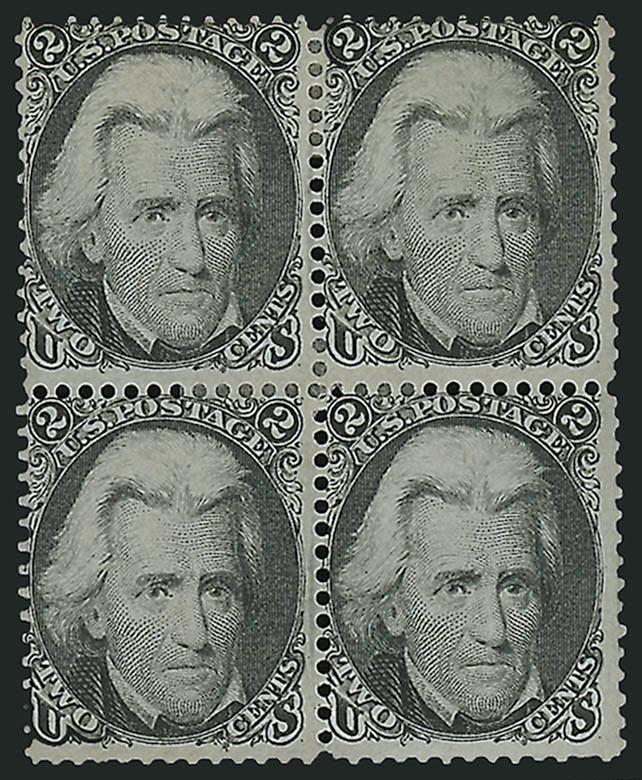 2c Black (73).> Block of four, original gum, h.r., detailed impression, single short perf at left of top left stamp, otherwise Very Good