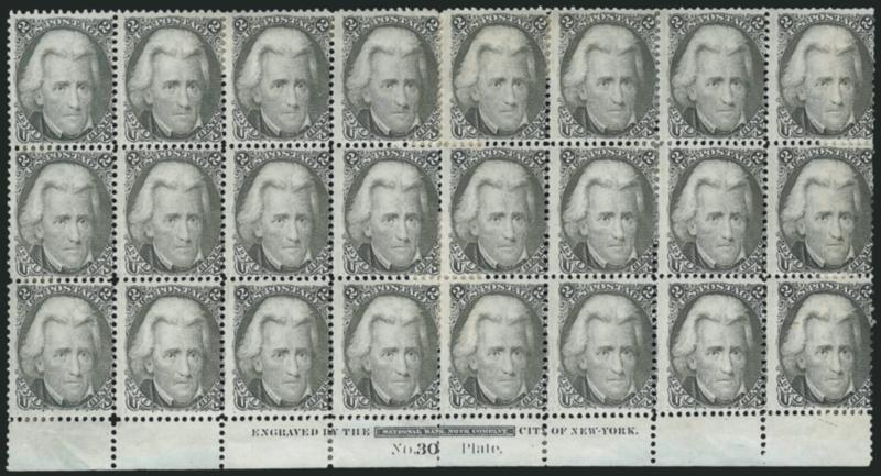 2c Black (73).> Bottom imprint and plate no. 30 block of 24, showing <plate scratch> in selvage at bottom left, original gum, few old-fashioned paper h.r. where separations reinforced incl. where separated at
center row, few stamps Mint N.H., one sta