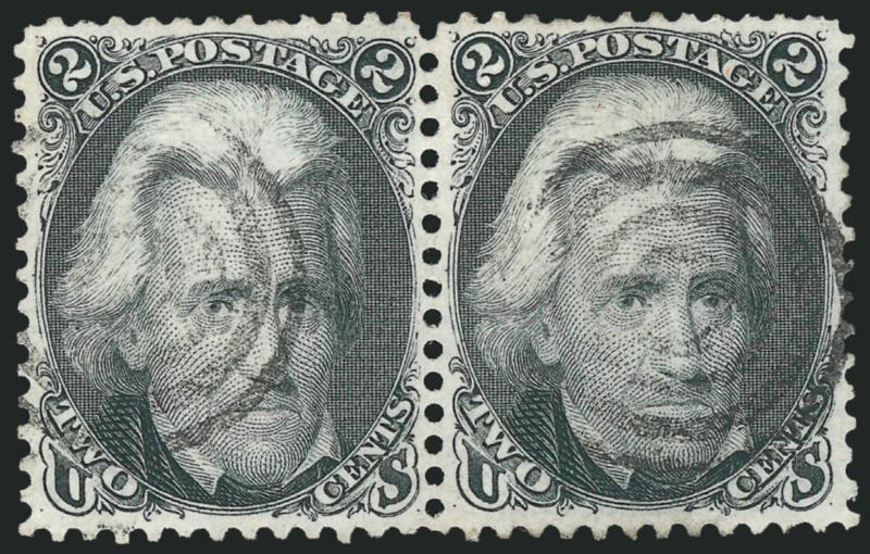 2c Black (73).> Horizontal pair, bright shade, choice centering, neat strikes of target cancels, fresh and Extremely Fine, with 1999 P.F. certificate