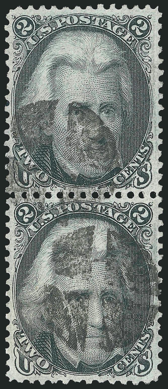 2c Black (73).> Vertical pair with <dots in left scroll,> crisp impression, quartered cork cancels, bottom stamp small corner crease at bottom right, Extremely Fine appearance, with 1997 P.F. certificate
describing these as Die II, Scott Retail as no