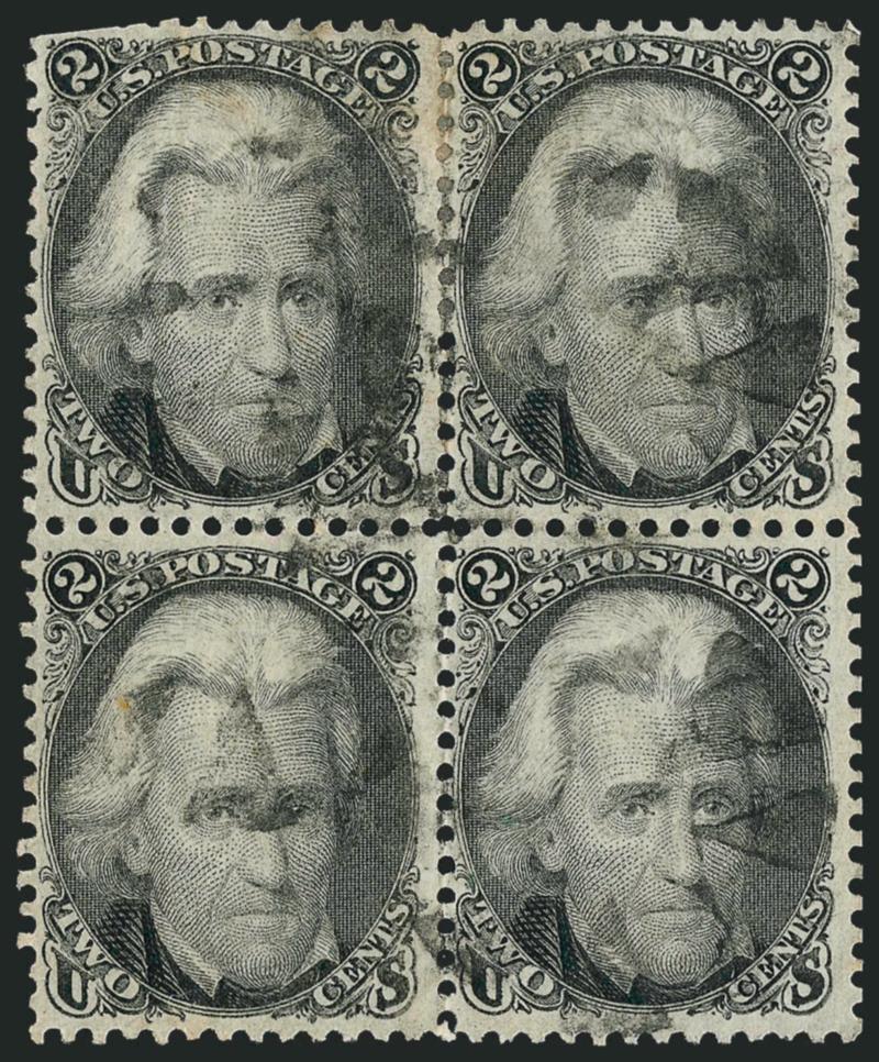 2c Black (73).> Block of four, each stamp cancelled by circle of wedges, few perfs trimmed at top left, few light creases, otherwise Fine-Very Fine, ex Twigg-Smith