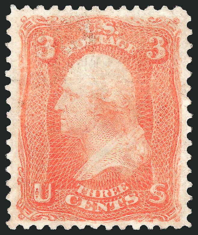 3c Scarlet (74).> Unused (no gum), radiant color, choice centering, faint pressed-out horizontal crease, some soiling removed<><>^EXTREMELY FINE APPEARANCE. A RARE EXAMPLE OF THE 1861 3-CENT SCARLET TRIAL
PRINTING WITHOUT PEN MARKS.<><>The story