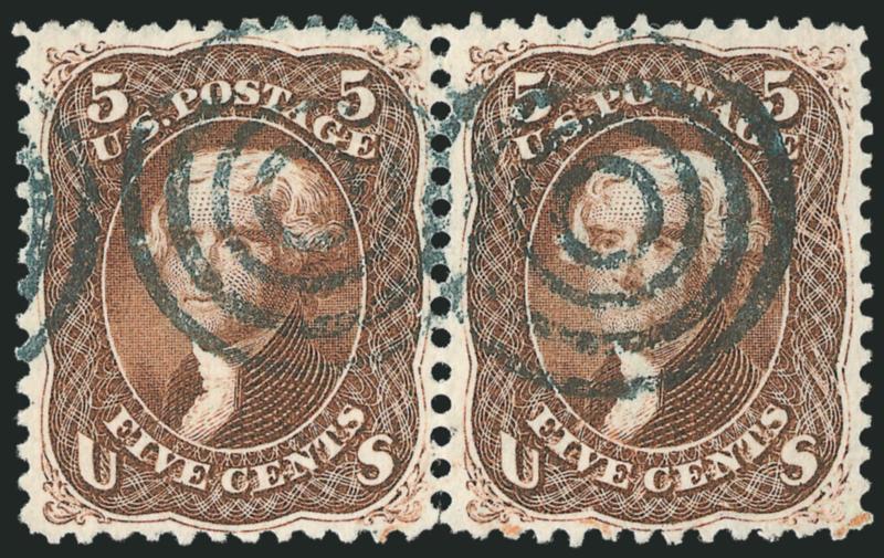 5c Red Brown (75).> Horizontal pair, warm shade, bold <blue target> cancels and trace of red cancel at bottom right, Very Fine and choice, with 2002 P.S.E. certificate