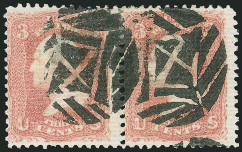 3c Rose, All-Over Grill Essay, Points Down (79-E15a var).> The so-called Biscuit Grill, horizontal pair, bold strike of <New York City Segmented Diamond Within Circle cancellation,> known used in July 1867 and
evidently applied to a number of exper