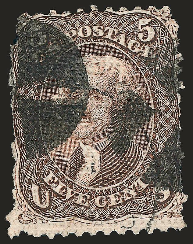 5c Dark Brown, A. Grill (80a).> Dark shade and perfs which are characteristic of this experimental grilled issue, quartered cork cancels and faint duplex circular datestamp<><>^ONE OF FOUR RECORDED EXAMPLES OF
THE 1867 5-CENT DARK BROWN WITH EXPERI