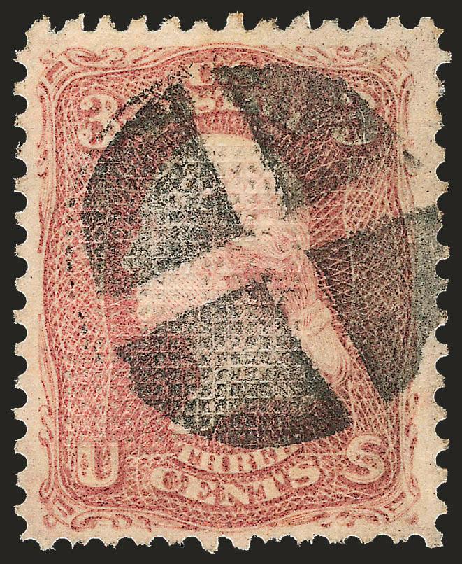 3c Rose, C. Grill (83).> Deep rich color, clearly-defined grill, bold strike of quartered cork cancel, few nibbed perfs at bottom, still Very Fine and choice, with 1986 P.F. certificate for block of four