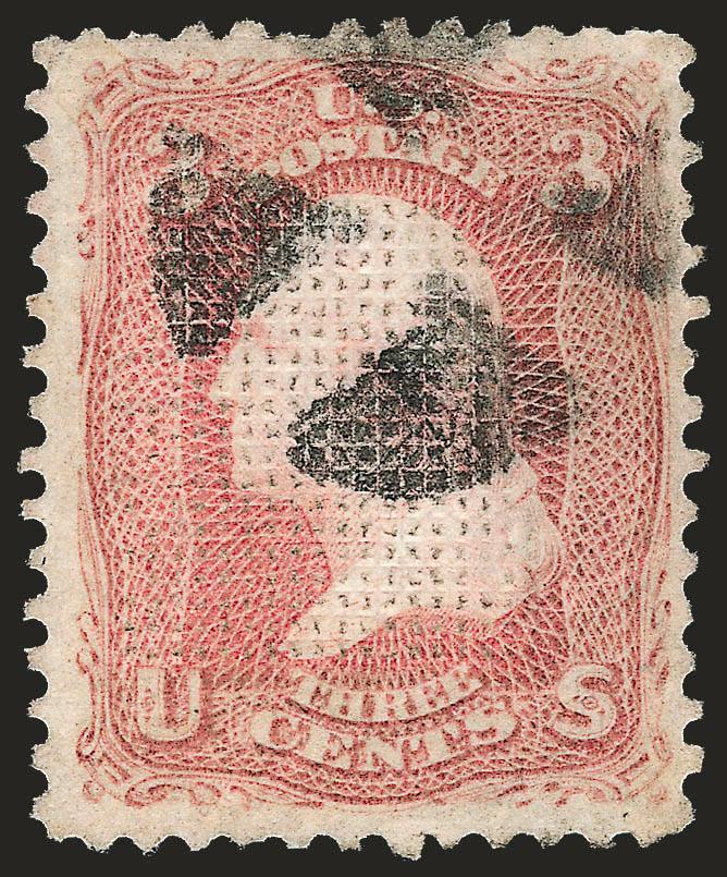 3c Rose, C. Grill (83).> Bright shade, well-defined grill, neat strike of quartered cork cancel, diagonal crease at top left, Very Fine appearance, with 1987 P.F. certificate