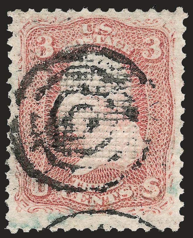 3c Rose, Z. Grill (85C).> Bright color, clearly-defined grill which is easily seen on the front of the stamp, bold target cancel and also with trace of blue cancel at bottom left, unusually wide margins<><>^VERY
FINE. AN ATTRACTIVE AND SOUND USED E
