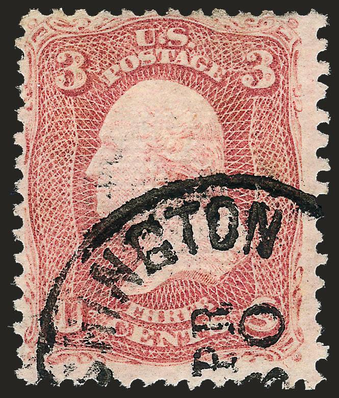 3c Rose, Z. Grill (85C).> Rich color, detailed impression, bold strike of Washington D.C. circular datestamp, accompanying certificate notes faint horizontal crease at top left which we have difficulty seeing
even in fluid and with extreme magnificat