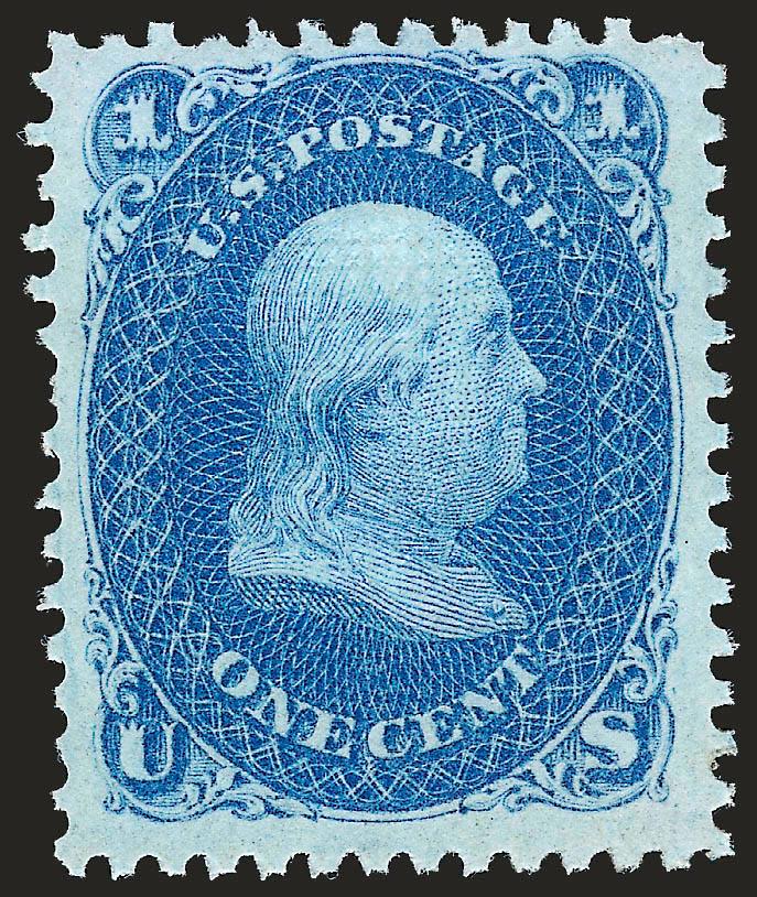 1c Blue, E. Grill (86).> Original gum, lightly hinged, deep rich color, crisp paper, clearly-defined grill, one or two shortish perfs not mentioned on accompanying certificate<><>^VERY FINE. A SCARCE
ORIGINAL-GUM EXAMPLE OF THE 1868 ONE-CENT E GRIL