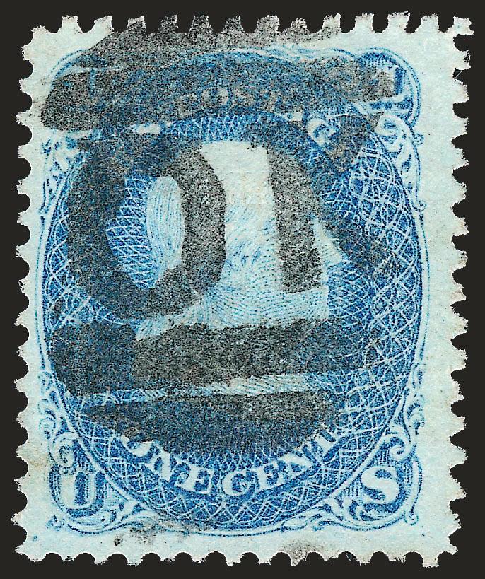 1c Blue, E. Grill (86).> Bright color, well-struck <OK in grid> fancy cancel<><>^EXTREMELY FINE. A MAGNIFICENT 1868 ONE-CENT E GRILL WITH OK FANCY CANCELLATION, WHICH IS PROBABLY UNIQUE ON THIS ISSUE.^<><>Ex
Haas and Grunin (featured on the c