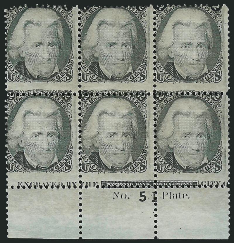 2c Black, E. Grill (87).> Block of six with <imprint and plate no. 51> at bottom, original gum, lightly hinged, clearly-defined grills, centered strongly to top left<><>^THEONLY RECORDED UNUSED BLACK JACK
MULTIPLE SHPWING THE RARE PLATE NUMBER 51.^