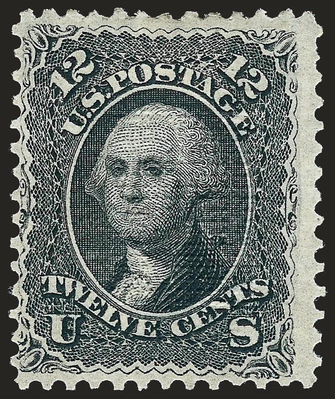12c Black, E. Grill (90).> Original gum, small h.r., detailed impression showing every nuance of the engraving, bright paper, clearly-defined grill<><>^FRESH AND FINE. A SCARCE SOUND ORIGINAL-GUM EXAMPLE OF THE
1868 12-CENT E GRILL.^<><>With 2006