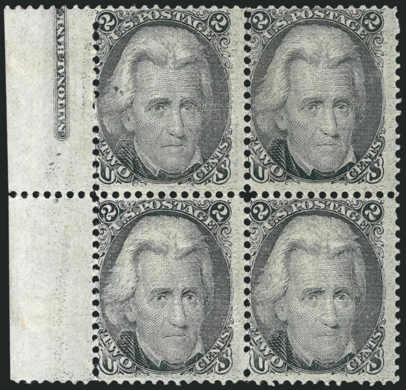 2c Black, F. Grill (93).> Block of four with <part imprint selvage> at left, original gum, barest trace of hinging, clearly-defined grills, one or two minor perf separations at top, Fine, a scarce and attractive
block, Scott Retail with no premium fo