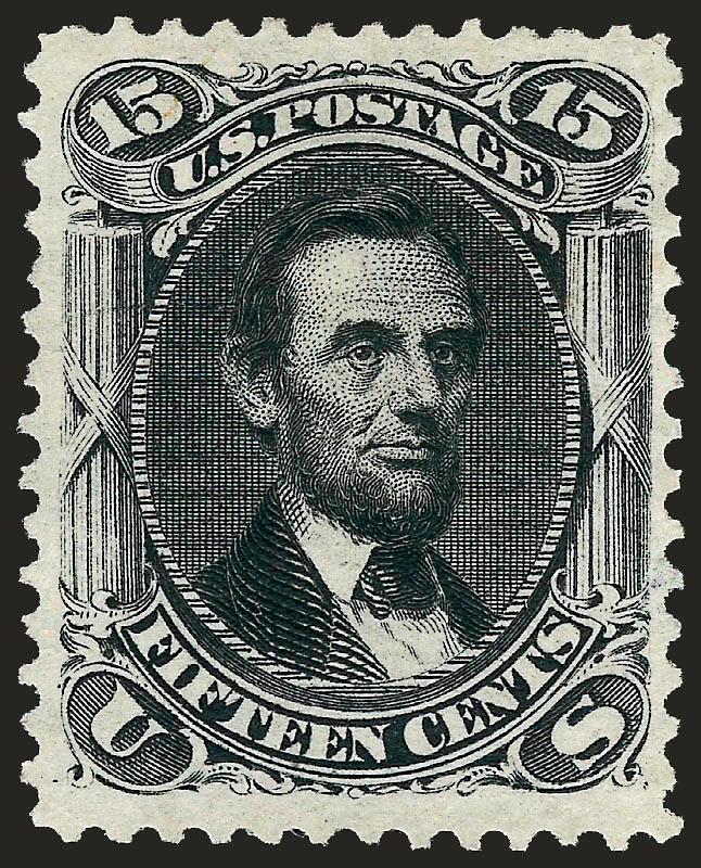 15c Black, Re-Issue (108).> Unused (no gum), sharp proof-like impression, crisp paper<><>^VERY FINE UNUSED EXAMPLE OF THE 15-CENT 1866 RE-ISSUE.^<><>Only 397 sold. With 1987 P.F. certificate