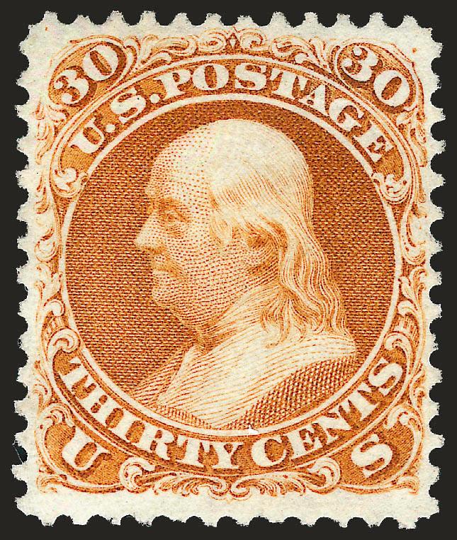 30c Brownish Orange, Re-Issue (110).> Unused (no gum), vibrant color as fresh as the day it was printed, well-balanced margins<><>^VERY FINE AND CHOICE. A BEAUTIFUL UNUSED EXAMPLE OF THE 30-CENT 1861
RE-ISSUE.^<><>Only 346 sold. With 1958 P.F. ce