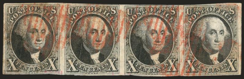 10c Black (2).> Horizontal strip of four, large margins to clear, deep shade, red New York square grid cancels, few small tears at bottom, some slight overall soiling<><>^FINE-VERY FINE APPEARANCE. A RARE STRIP
OF FOUR OF THE 10-CENT 1847 ISSUE. VE