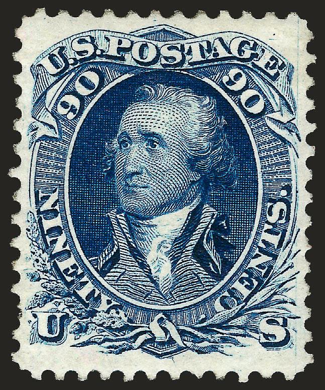 90c Blue, Re-Issue (111).> Accompanying certificate states part original gum which covers the entire back of the stamp, rich color on bright paper, unusually choice centering<><>^EXTREMELY FINE. A BEAUTIFUL
ORIGINAL-GUM EXAMPLE OF THE 90-CENT 186