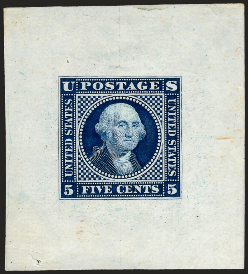 5c Washington, Large Lettering, Large Die Essay on Proof Paper (115-E1c).> Four different, from 26 x 29mm to 40 x 45mm, range of colors, few faults as often associated with this fragile paper, appear Fine-Very
Fine, ex Lafayette and Lake Shore