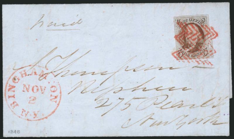 5c Red Brown (1).> Large margins to just in at left incl. part of adjoining stamp at right, bright shade, tied by <red herringbone fancy cancel> and matching Binghamton N.Y. Nov. 2 circular datestamp on cover to
New York City, stamp with faint pres
