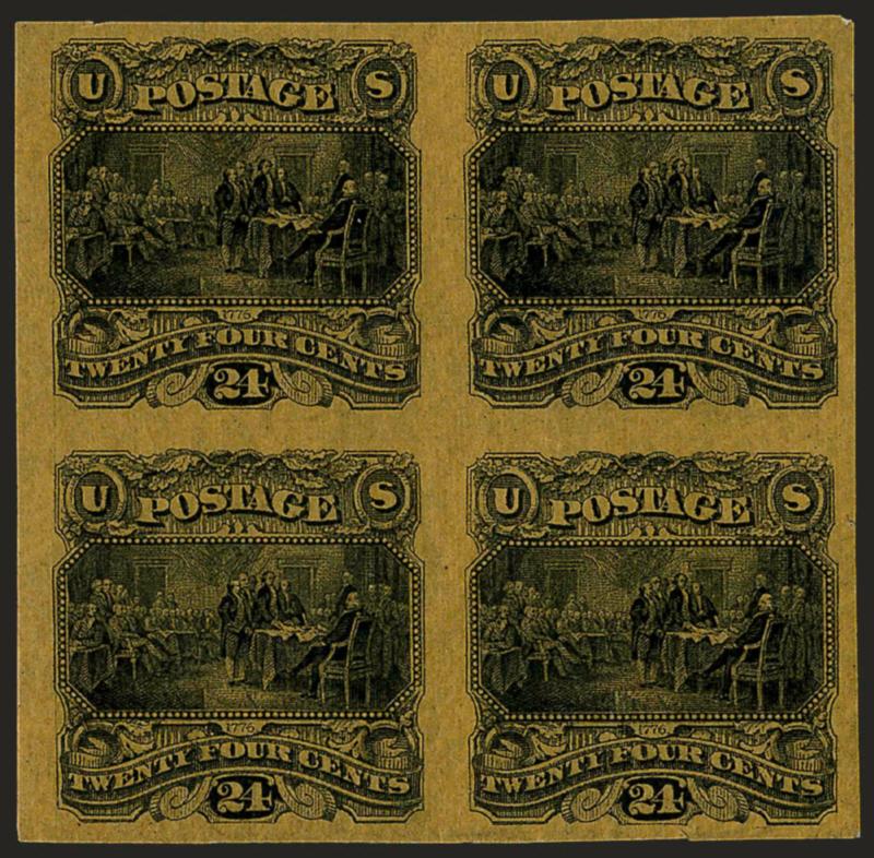 24c Black on Dull Yellow Tinted, Small Numeral Plate Essay on India (120-E2e).> Block of four, large margins, intense shade and impression, Very Fine and choice, Scott Retail as singles
