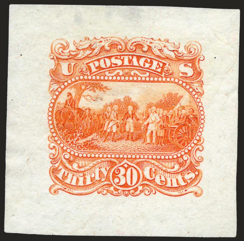 30c Burgoyne, Large Die Essay on Proof Paper (121-E1f).> 32 x 32mm, Red Orange, vibrant color, small thi at top, appears Very Fine