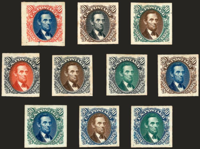 1c-90c 1869 Pictorial Issue, Atlanta Trial Color Plate Proofs on Card (123TC1-132TC1).> Complete set of 78, all have ample to large margins except one 90c barely in on one side, all have fresh colors<><>^VERY
FINE-EXTREMELY FINE. AN INCREDIBLY RA