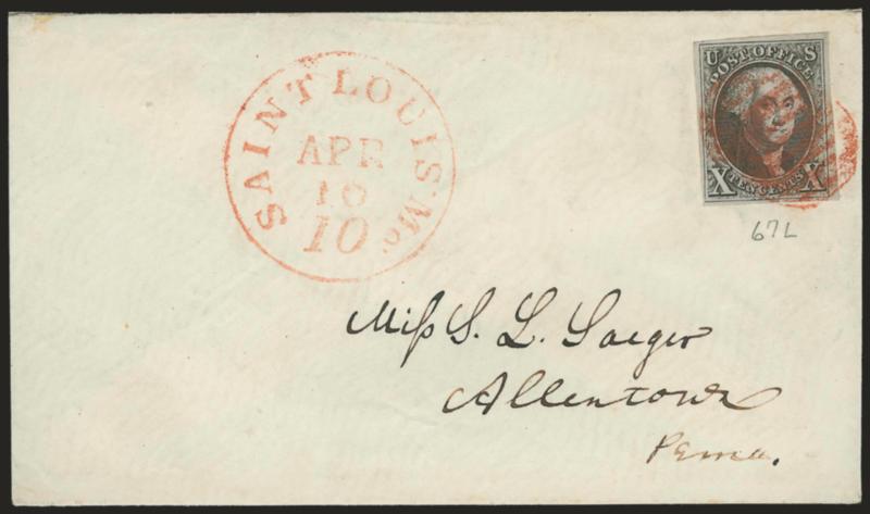 10c Black (2).> Position 67L1, large margins, intense impression, tied by vivid red grids on ladys small envelope to Allentown Pa., matching Saint Louis Mo. 10 Apr. 10 integral-rate circular datestamp, Extremely
Fine, an immaculate ladys cover, e