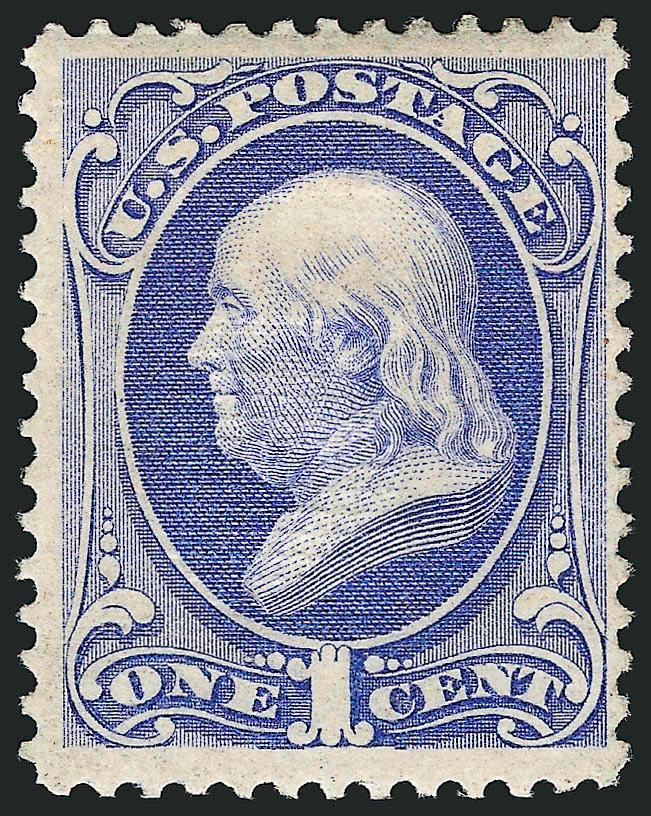 1c Ultramarine, Grill (134).> I. Grill, original gum, h.r., deep rich color, clearly-defined I grill which is the smaller of the two grill sizes<><>^FINE ORIGINAL-GUM EXAMPLE OF THE 1870 ONE-CENT NATIONAL BANK
NOTE ISSUE WITH THE SCARCER I GRILL.^<