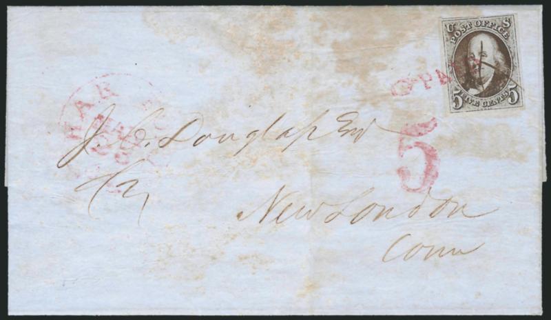 5c Dark Brown (1a).> Large margins to clear, cancelled by ms. X and tied by <magenta Paid with pointing hand> handstamp on 1848 Farmers and Mechanics Bank folded stationery to New London Conn., matching Hartford
Ct. Mar. 23 circular datestamp a