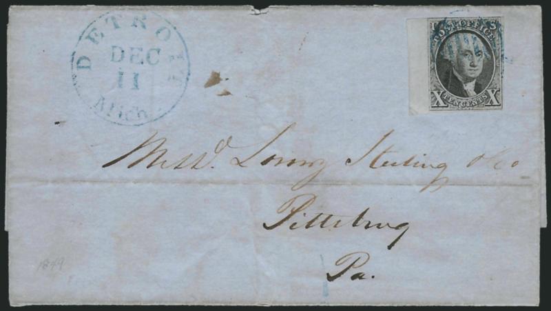 10c Black (2).> Huge margins to just touched incl. <sheet margin at left,> tied by blue grid, matching Detroit Mich. Dec. 11 circular datestamp on blue 1849 folded cover to Pittsburgh Pa., horizontal file fold
well away from stamp, tiny nick at top