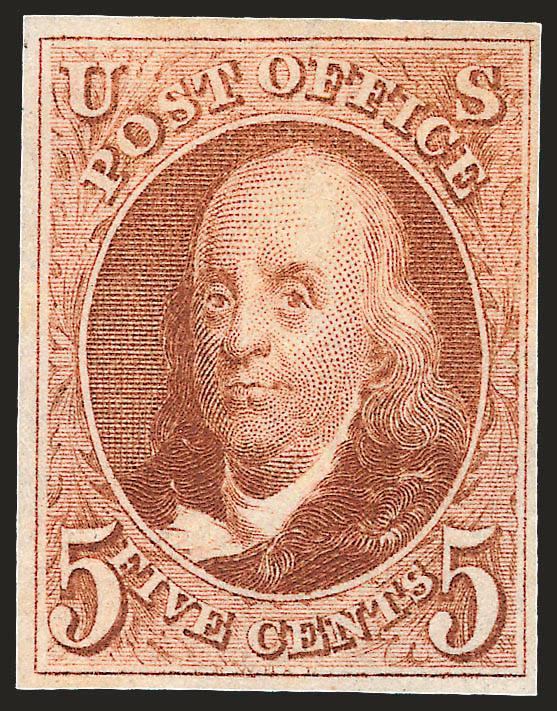 5c Red Brown, Reproduction (3).> Without gum as issued, brilliant color, well-balanced margins, fresh and Very Fine, with 1986 P.F. certificate