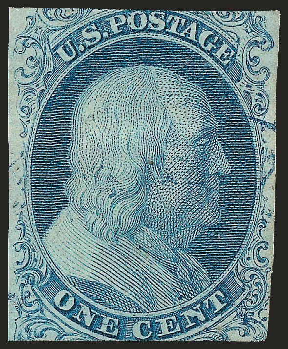 1c Blue, Ty. I (5).> Position 7R1E, bright shade, ample side margins but cut in at top and bottom, leaving the Type I characteristics to the imagination, lightly cancelled by <blue town datestamp,> sound<><>^THE
IDEAL STAMP FOR THE COLLECTOR WHO NE
